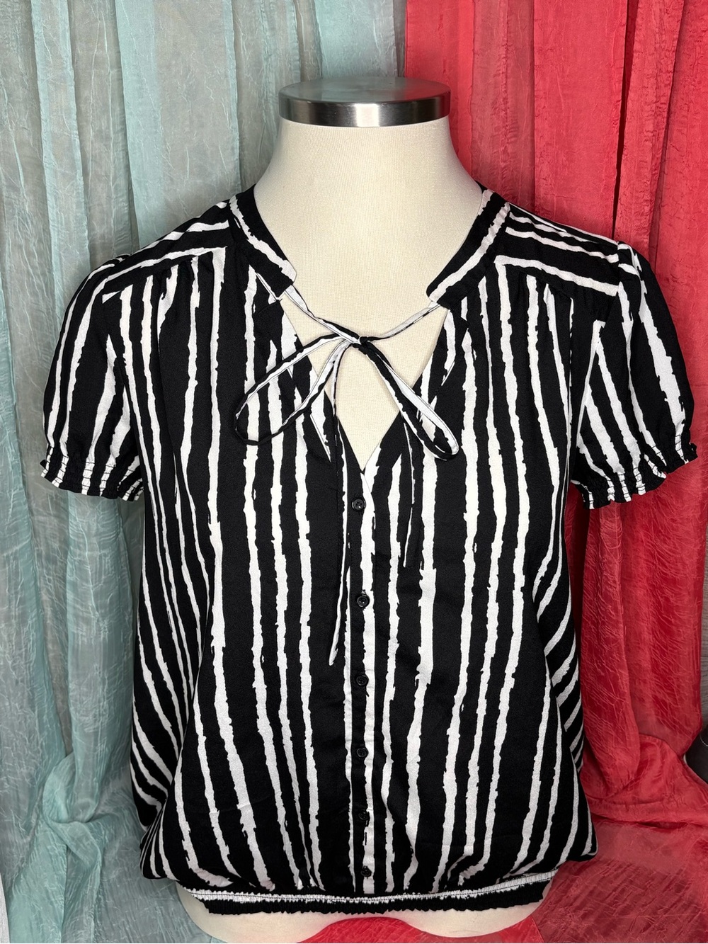 New York & Company Black and White Striped Tie-Neck Blouse